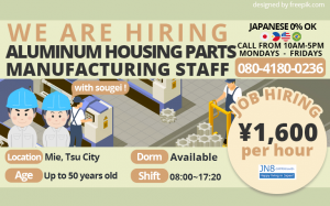 Aluminum Housing Parts Manufacturing Staff Mie, Tsu City JN8 Jobs in Japan En 2